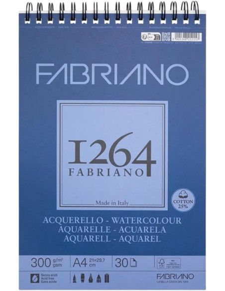 Bloc espiral fabriano 1264 acuarela 25 algodon a4 30h 300g grano fino Bloc espiral fabriano 1264 acuarela 25 algodon a4 30h 300g grano fino