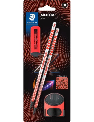 Blister 2 lapiz de grafito norix afilalapices goma rojo