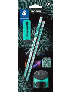 Blister 2 lapiz de grafito norix afilalapices goma turquesa