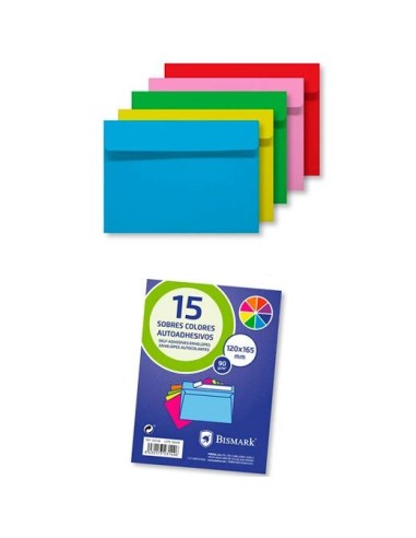 BISMARK SOBRE DE PAPEL AUTOADHESIVOS 90GR 120X165MM COLORES 15 SOBRES SURTIDOS