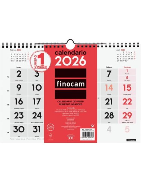 CALENDARIO PARED 2026 NUMEROS GRANDES M 30X21