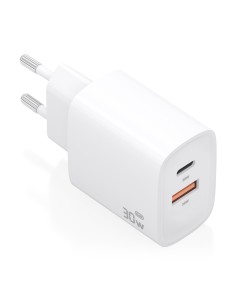 Cargador GaN 30W, 1xUSB-C PD3.0 QC4.0, 1xUSB-A QC3.0, Blanco