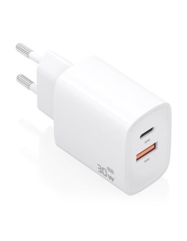Cargador GaN 30W, 1xUSB-C PD3.0 QC4.0, 1xUSB-A QC3.0, Blanco