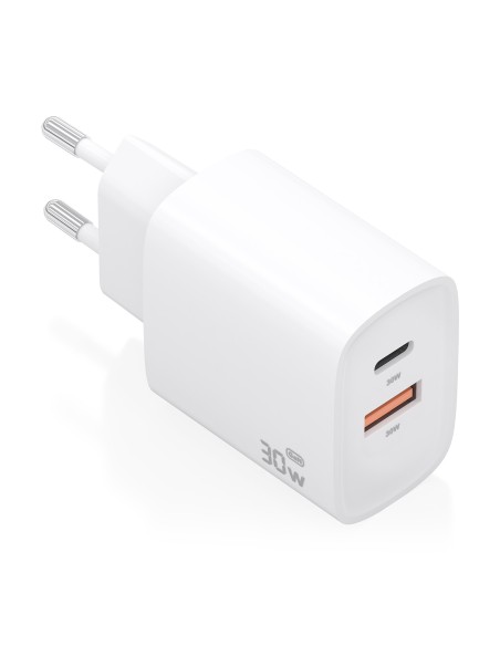 Cargador GaN 30W, 1xUSB-C PD3.0 QC4.0, 1xUSB-A QC3.0, Blanco