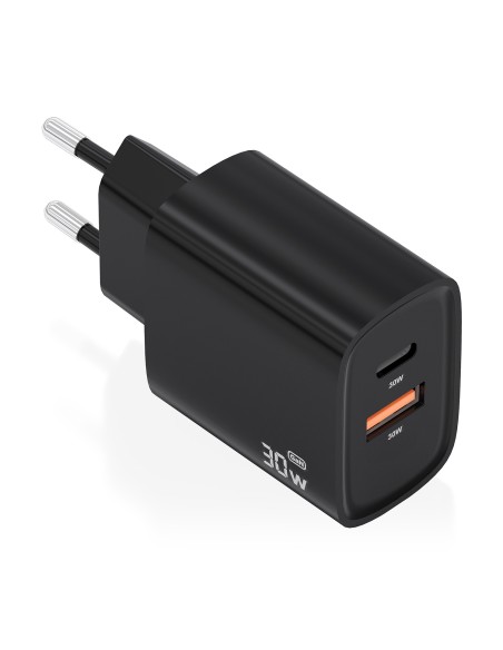 Cargador GaN 30W, 1xUSB-C PD3.0 QC4.0, 1xUSB-A QC3.0, Negro
