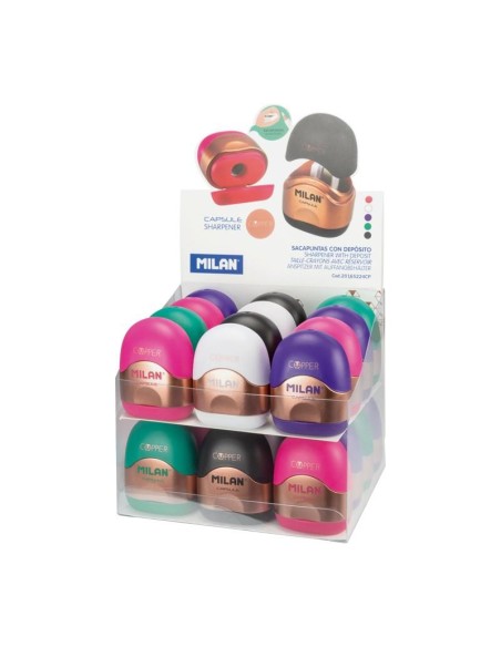 MILAN SACAPUNTAS CAPSULE COPPER CON DEPÓSITO 5 COLORES EXPOSITOR -24U-