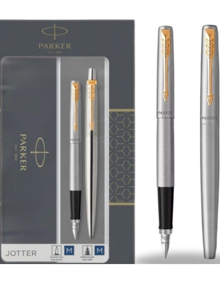 Set boligrafo y pluma parker jotter duo acabado acero y dorado