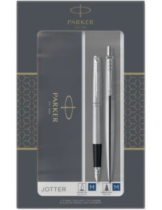 Set boligrafo y pluma estilografica Parker jotter acabado acero inoxidable con detalles cromados