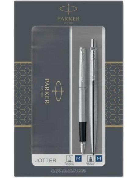 Set boligrafo y pluma estilografica Parker jotter acabado acero inoxidable con detalles cromados