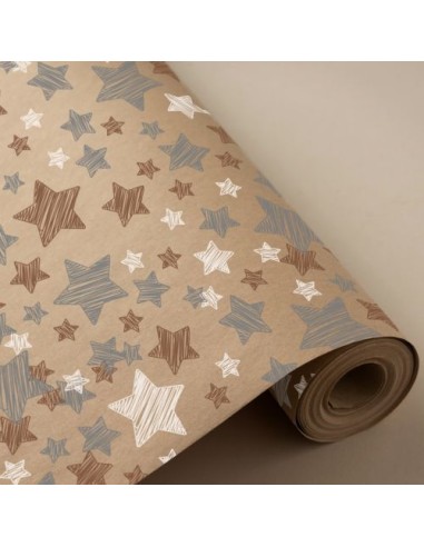 BOBINA PAPEL REGALO KRAFT NAVIDAD ESTRELLAS 62CMX4KG