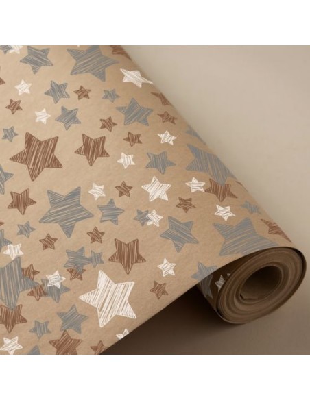 BOBINA PAPEL REGALO KRAFT NAVIDAD ESTRELLAS 62CMX4KG