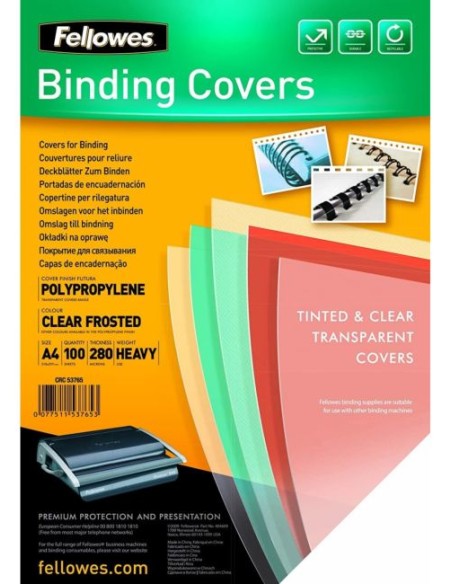 caja 100 tapa encuadernacion a4 polipropileno 300 micras transparente fellowes