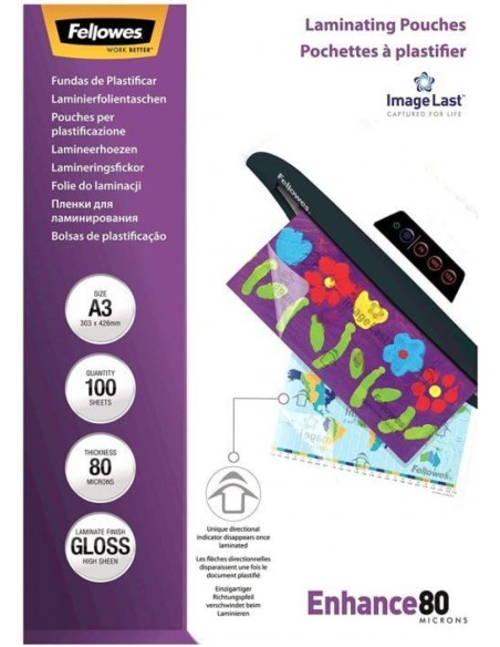 PACK 100 FUNDAS PLASTIFICAR A3 80 MICRAS BRILLO FELLOWES