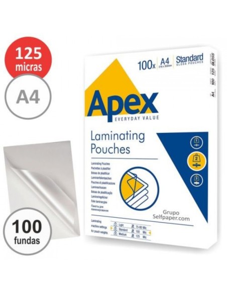 PACK 100 FUNDAS PLASTIFICAR A4 125 MICRAS BRILLO APEX