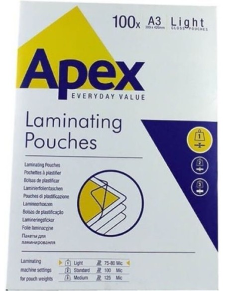 PACK 100 FUNDAS PLASTIFICAR A3 125 MICRAS BRILLO APEX