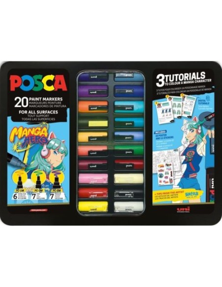 CAJA METALICA 20 ROTULADORES UNI POSCA MANGA HERO