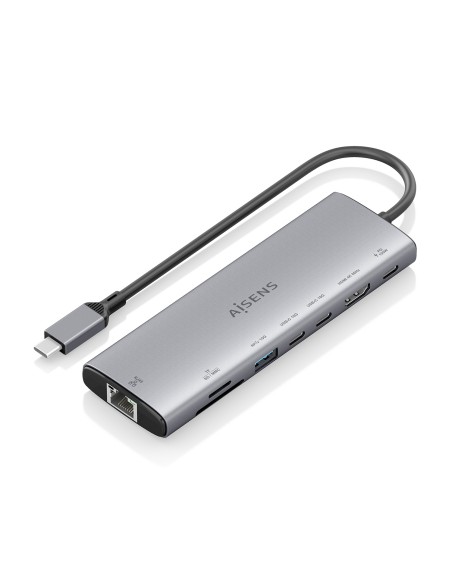 USB-C Dock 8 en 1, USB-C a 1xHDMI, 1xRJ45, 1xUSB-A 10G, 2xUSB-C 10G, 1xSD, 1xMicroSD, 1xUSB-C PD 100W, Gris, 20cm