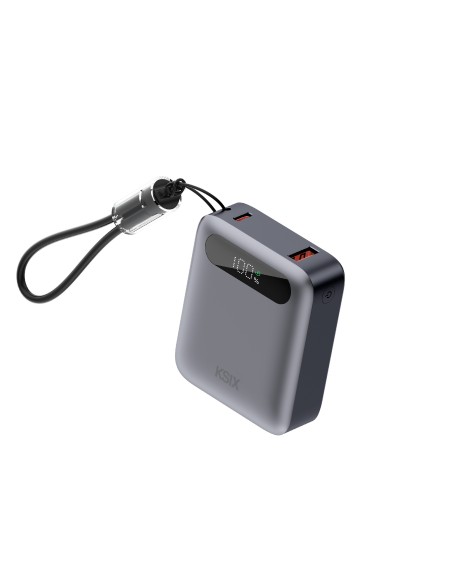 Powerbank 10.000 mAh, Carga rápida 22,5 W PD, Carga simultánea, Cable Convertible USB-C + lazo, Pantalla LED, Gris
