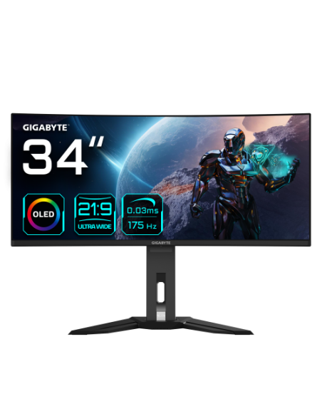 MONITOR GIGABYTE 34 MO34WQC,OLED,CURVO,3440 x 1440 (WQHD),0.23PP,1500:1,0,03MS,175HZ,2HDMI+1DP+3USB3.2+USB TYPE C,ALTAVOCES