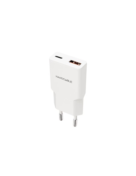 Cargador USB-C/PD 20W + USB-A/QC 20W, Blanco