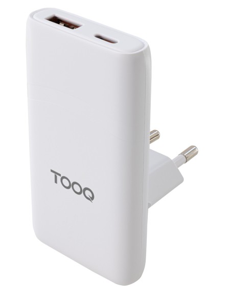 Cargador de viaje Tipo C y Tipo A, GaN 65W, USB-C/PD + USB-A/QC, Blanco