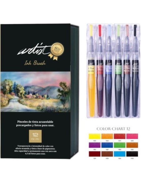 Estuche 12 pincel de tinta acuarelable artist brush colores surtidos