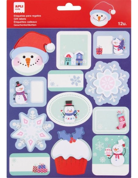 BOLSA 12 ETIQUETAS REGALO NAVIDAD CASITA NEVADA