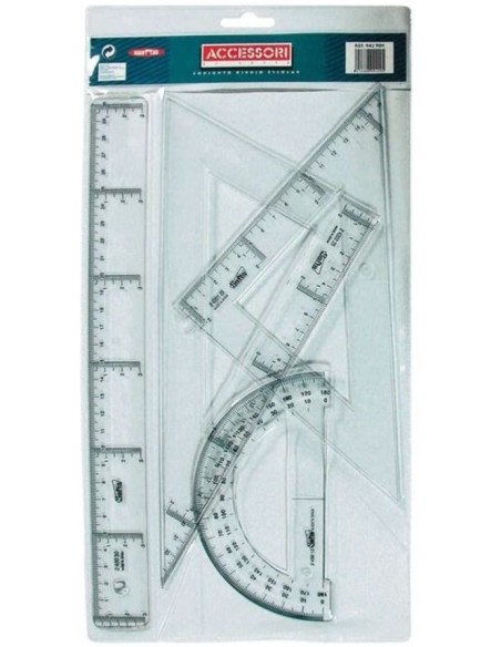 Conjunto dibujo escolar transparente Safta regla 30 cm escuadra y cartabon 25 cm semicirculo 15 cm