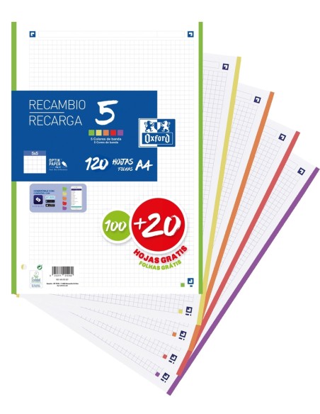 Recambio multicolor a4 10020h 90g 4 taladros cuadricula 5x5 con 5 colores de banda vivos