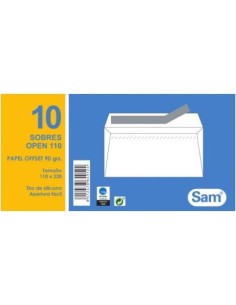PAQ 10 SOBRE BLANCO OPEN 110 110X220MM AUTOADHESIVO SAM