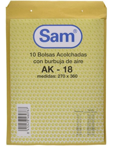 Paq 10 bolsa kraft acolchadas ak 18 270x360mm autoadhesivo sam