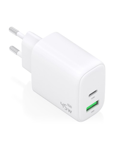 Cargador GaN 45W, 1xUSB-C PD3.0 QC4.0, 1xUSB-A QC3.0, Blanco