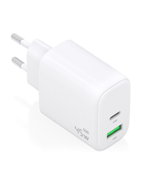 Cargador GaN 45W, 1xUSB-C PD3.0 QC4.0, 1xUSB-A QC3.0, Blanco