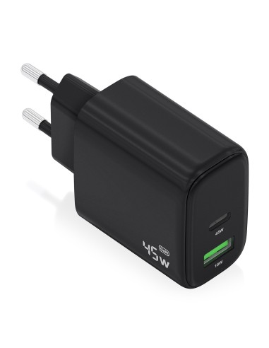 Cargador GaN 45W, 1xUSB-C PD3.0 QC4.0, 1xUSB-A QC3.0, Negro