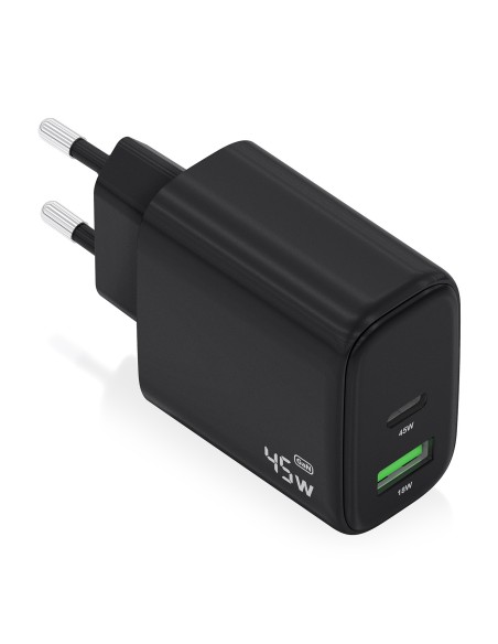 Cargador GaN 45W, 1xUSB-C PD3.0 QC4.0, 1xUSB-A QC3.0, Negro