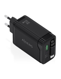 Cargador GaN 65W, 1xUSB-C Cable Retractil, 1xUSB-C PD3.0, 1xUSB-A QC3.0, Negro