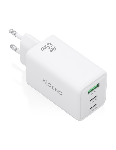 Cargador GaN 65W, 2xUSB-C PD3.0 QC4.0, 1xUSB-A QC3.0, Blanco