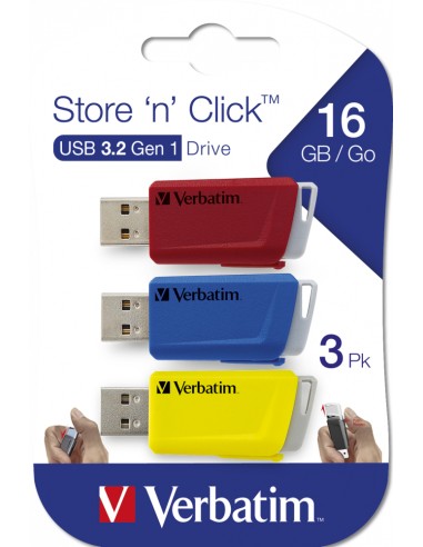 Store 'n' Click - Unidad USB 3.2 GEN1 - 3x16 GB, Rojo/Azul/Amarillo