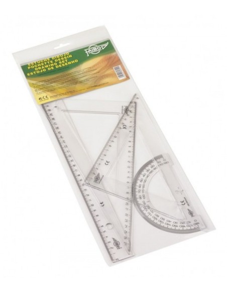 Estuche dibujo escolar transparente regla 30 cm escuadra y cartabon 30 cm semicirculo 15 cm
