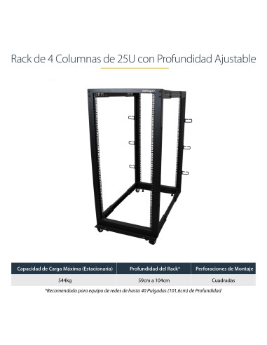 Rack 25U Móvil de Marco Abierto de 4 Columnas para Servidores - Rack de Cuatro Columnas 19 Pulgadas para Equipo de Red e Inform