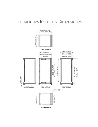 Rack 25U Móvil de Marco Abierto de 4 Columnas para Servidores - Rack de Cuatro Columnas 19 Pulgadas para Equipo de Red e Inform