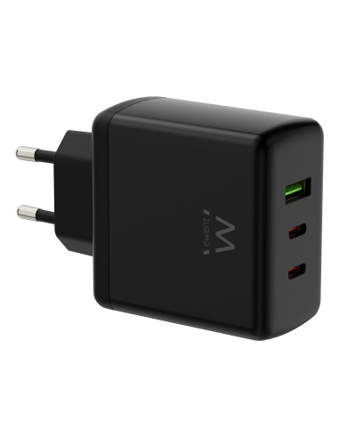 Cargador rápido GaN de 65W con 3 puertos (2 USB-C PD y 1 USB-A QC), diseño compacto