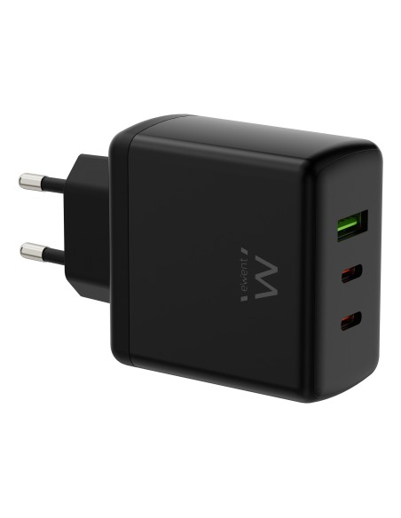 Cargador rápido GaN de 65W con 3 puertos (2 USB-C PD y 1 USB-A QC), diseño compacto