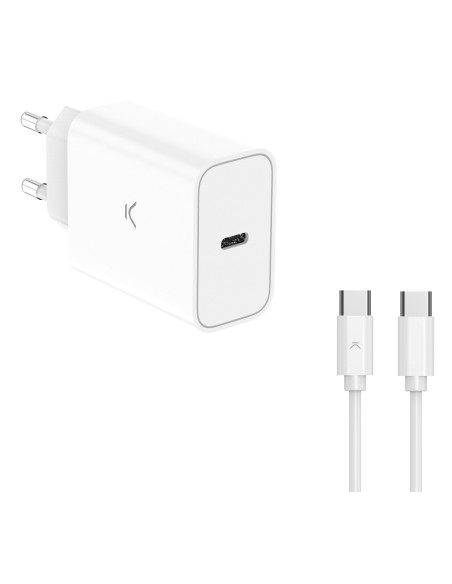 Cargador de red 30 W, PPS, Power Delivery, Carga ultra rápida, USB-C + Cable USB-C a USB-C 60 W, 1 m, Blanco