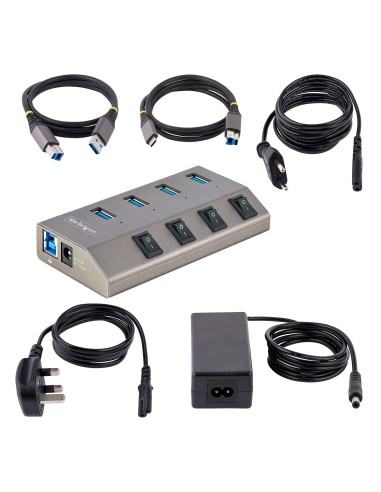 Hub USB-C Autoalimentado de 4 puertos con Interruptores Individuales - Concentrador USB 3.0 a 5 Gbps con Fuente de Alimentación