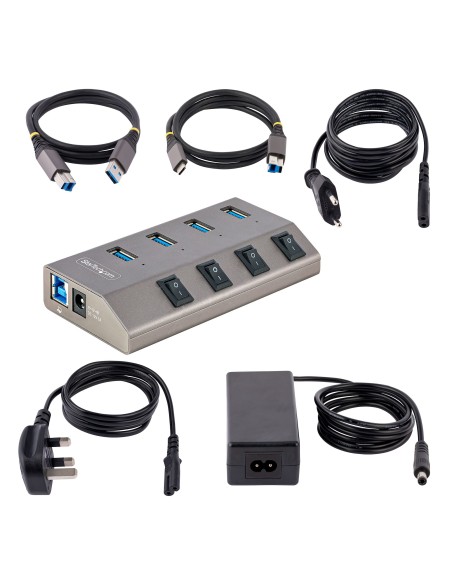 Hub USB-C Autoalimentado de 4 puertos con Interruptores Individuales - Concentrador USB 3.0 a 5 Gbps con Fuente de Alimentación