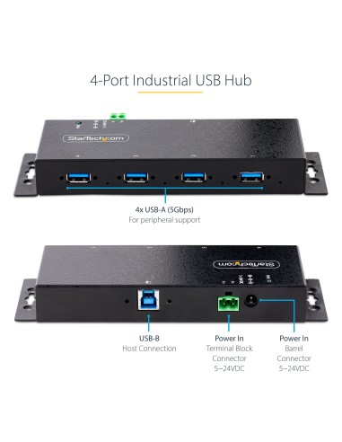 Hub Industrial USB 3.0 de 5Gbps de 4 Puertos - Concentrador USB con Protección de Picos y Descargas ESD - Ladrón USB-A de Monta