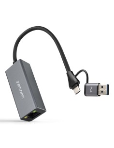 Conversor USB-C+USB-A/M 3.0 a Ethernet, Aluminio, Gris, 15 cm