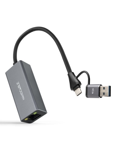 Conversor USB-C+USB-A/M 3.0 a Ethernet, Aluminio, Gris, 15 cm