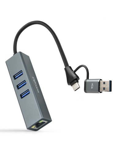 Conversor USB-C+USB-A/M 3.0 a Ethernet + 3xUSB-A 3.0, Aluminio, Gris, 15 cm